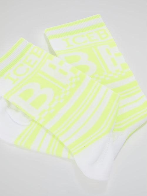 Neon Yellow Logo Striped Crew Socks