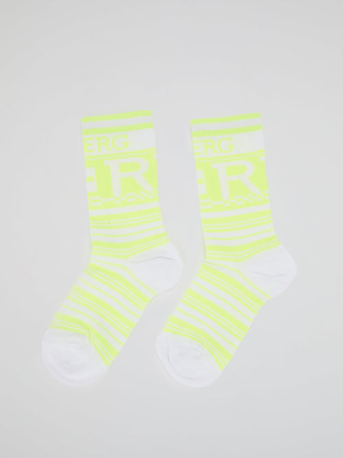 Neon Yellow Logo Striped Crew Socks