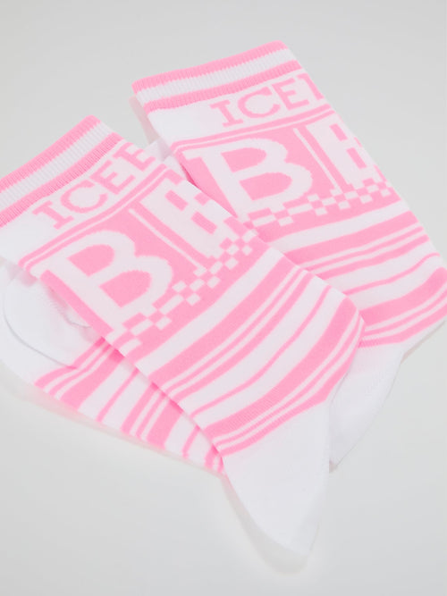 Pink Logo Striped Crew Socks