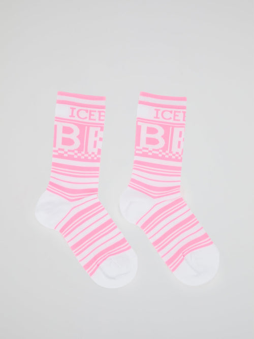 Pink Logo Striped Crew Socks