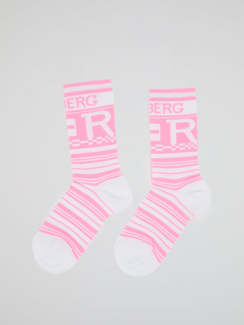 Pink Logo Striped Crew Socks