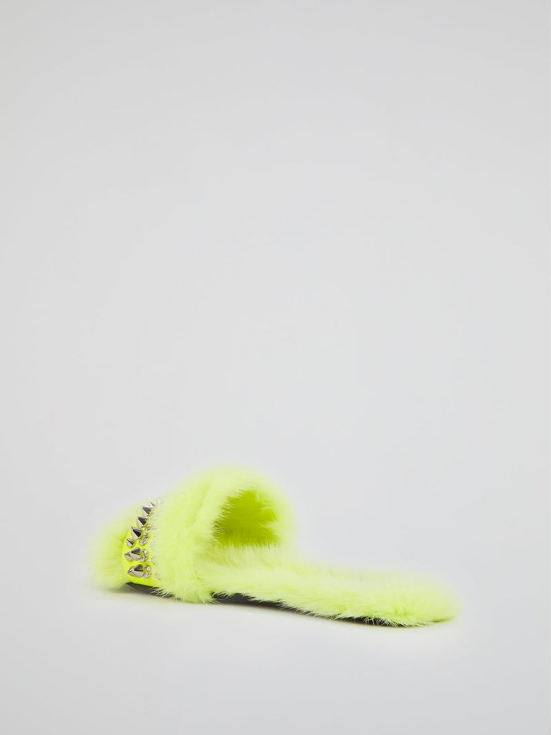 Neon Yellow Spike Studded Fur Slippers