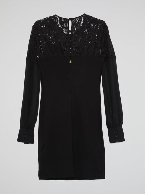 Black Lace Neckline Long Sleeve Dress