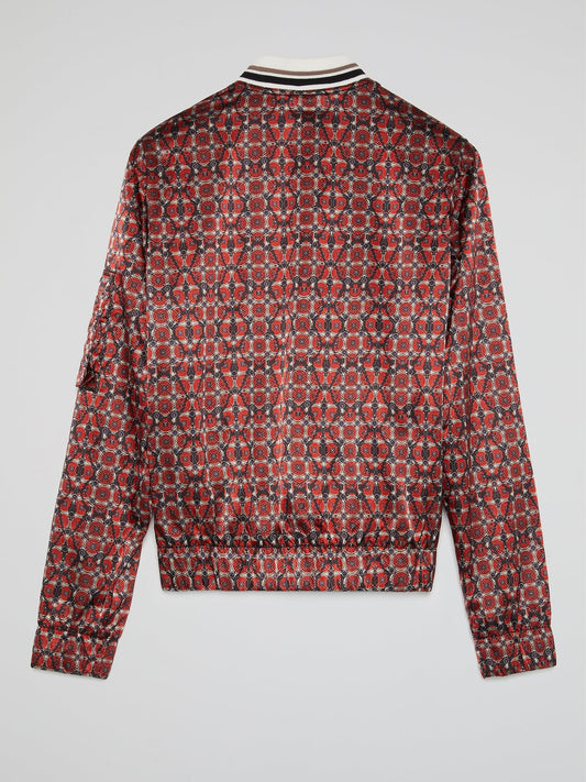 Red Jacquard Print Zip Up Jacket