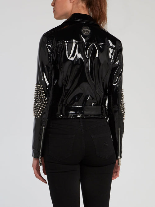 Black Spike Studded Patent Leather Jacket