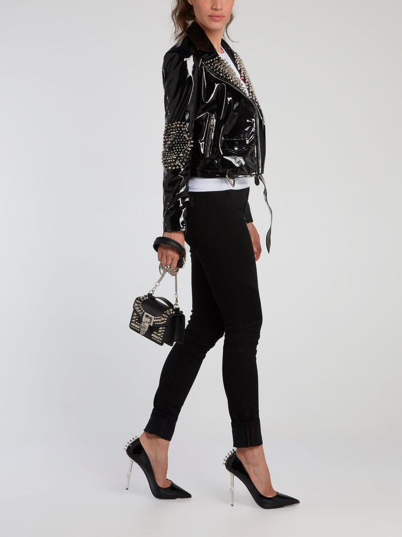 Black Spike Studded Patent Leather Jacket