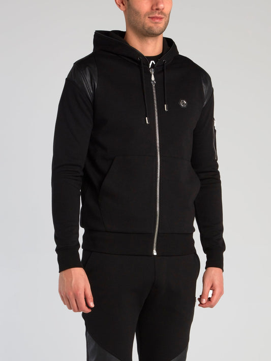 Black Quilt Panel Hooded Sweatshirt