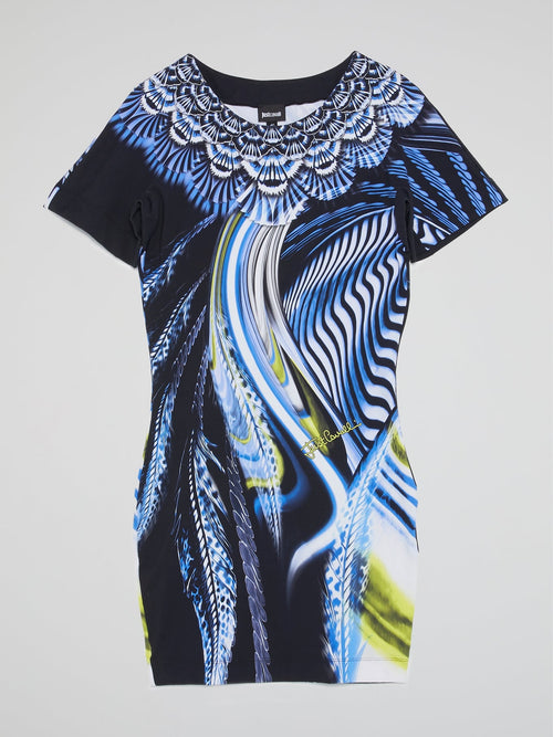 Blue Printed Crewneck Dress