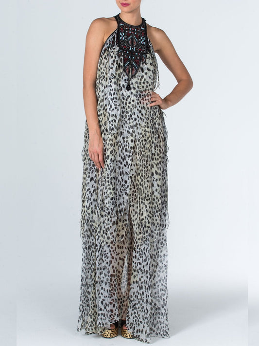 Halter Neck Animal Print Chiffon Dress