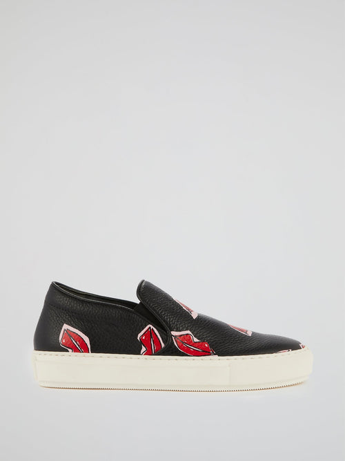 Black Lip Print Slip-On Sneakers