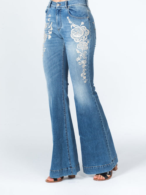 Floral Embroidered High Rise Flared Jeans