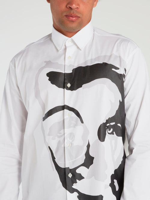 White Surrealistic Face Print Shirt