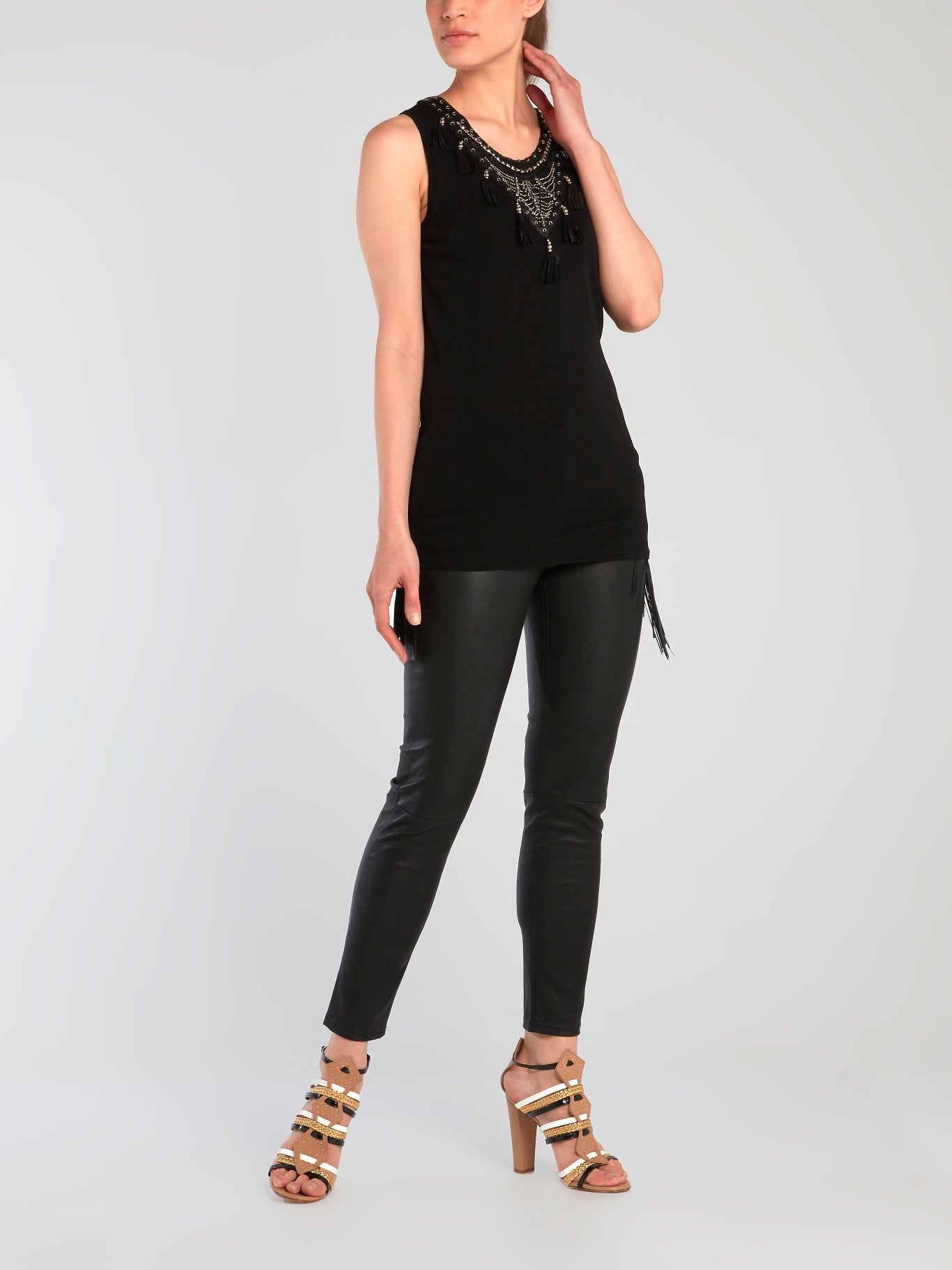 Black Tassel Detail Leather Pants