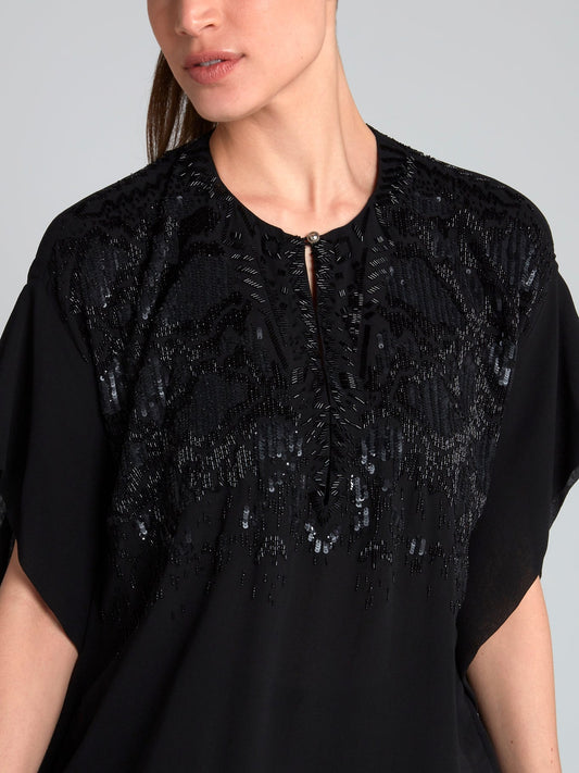 Black Embellished Chiffon Top