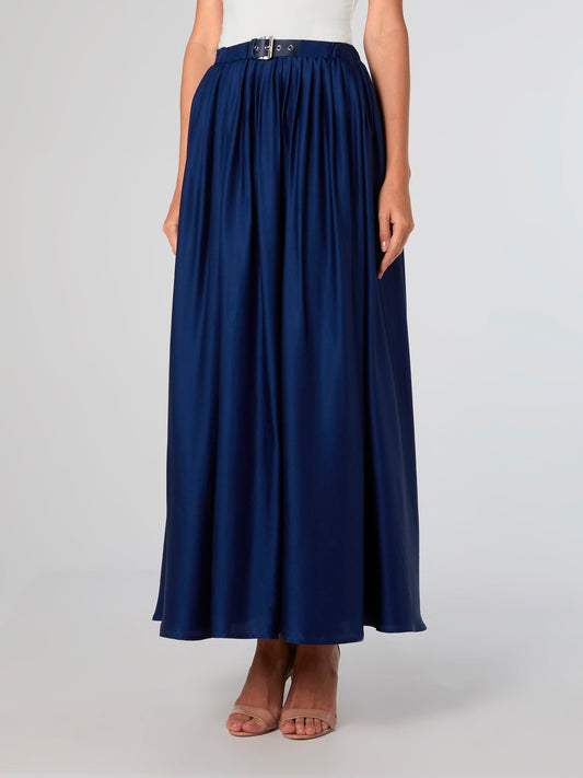 Navy Belted Viscose Skirt