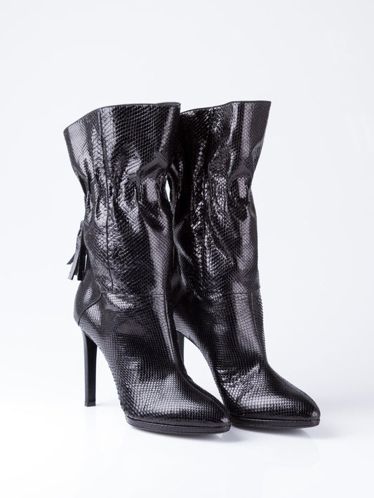 Black Snake Skin Textured Leather Boots