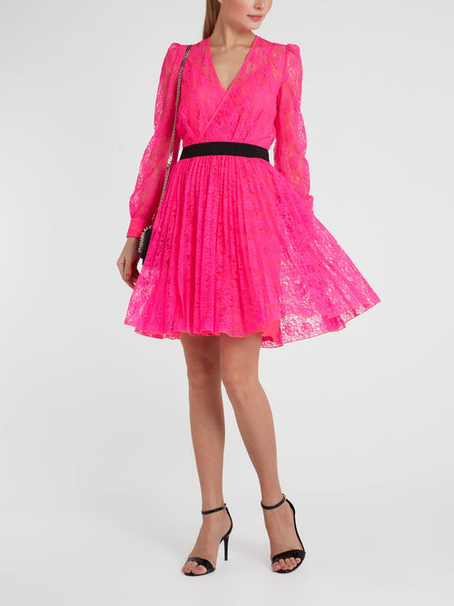 Pink Surplice Lace Mini Dress