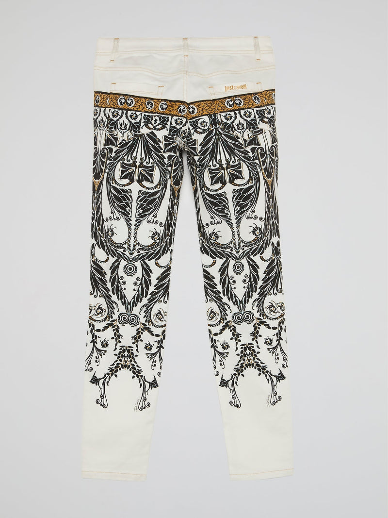 White Jacquard Print Trousers