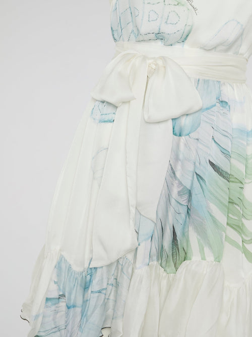 White Printed Frill Hem Dress