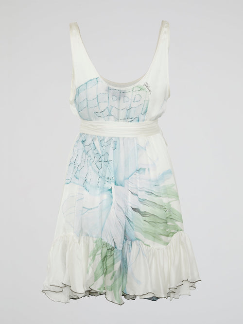 White Printed Frill Hem Dress