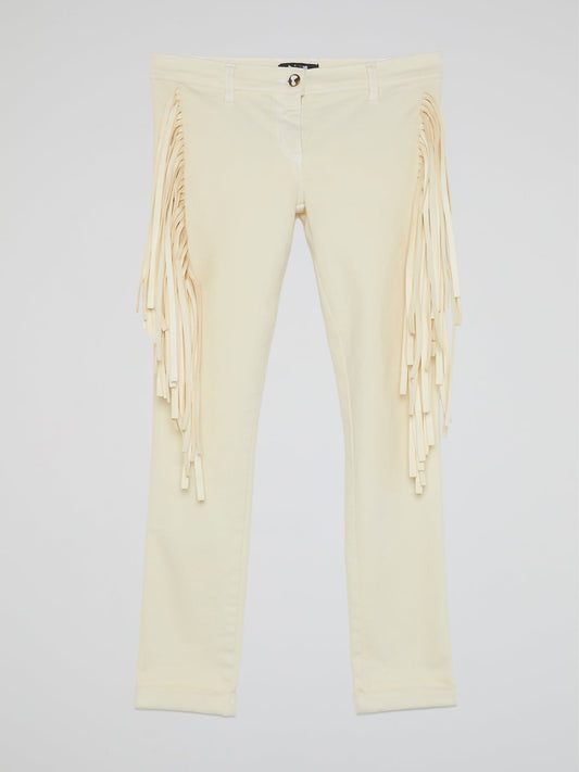 White Fringe-Detail Trousers