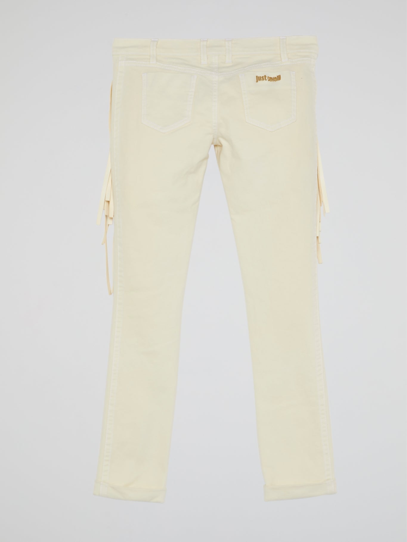 White Fringe-Detail Trousers