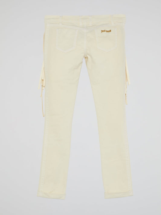 White Fringe-Detail Trousers