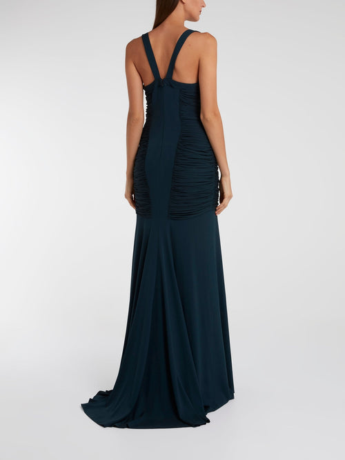 Navy Ruched Long Tail Maxi Dress