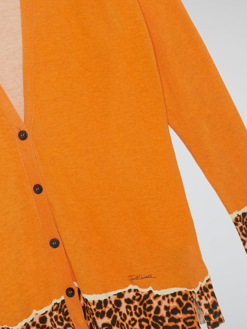 Orange Leopard Print Hem Cardigan