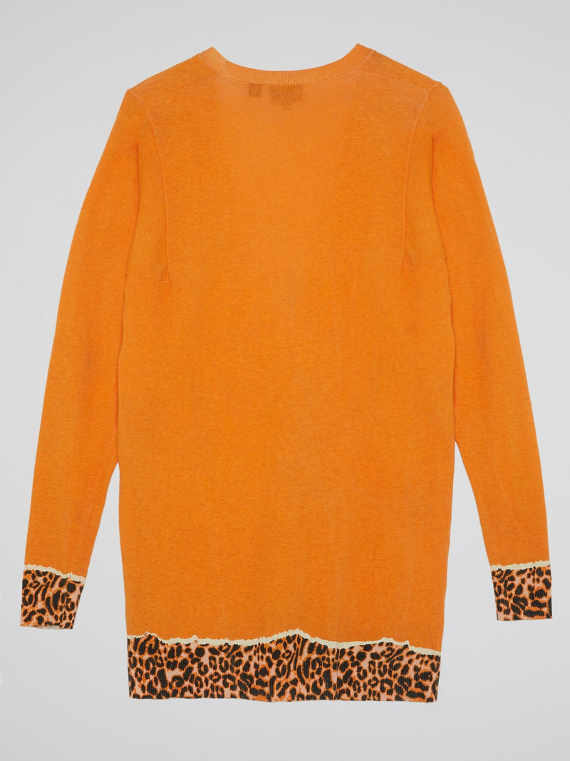 Orange Leopard Print Hem Cardigan