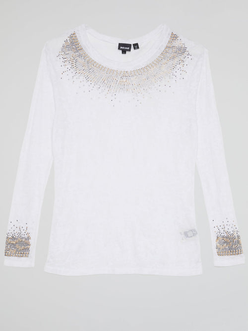 White Studded Long Sleeve Top