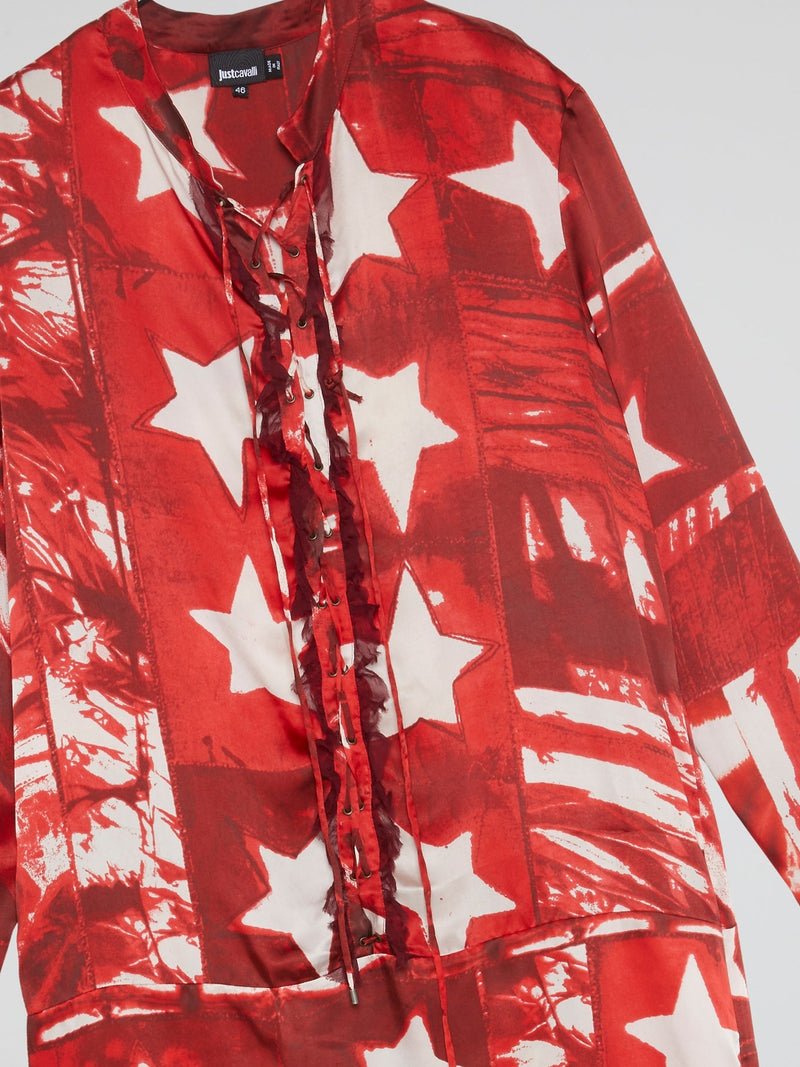 Red Star Print Lace-Up Dress