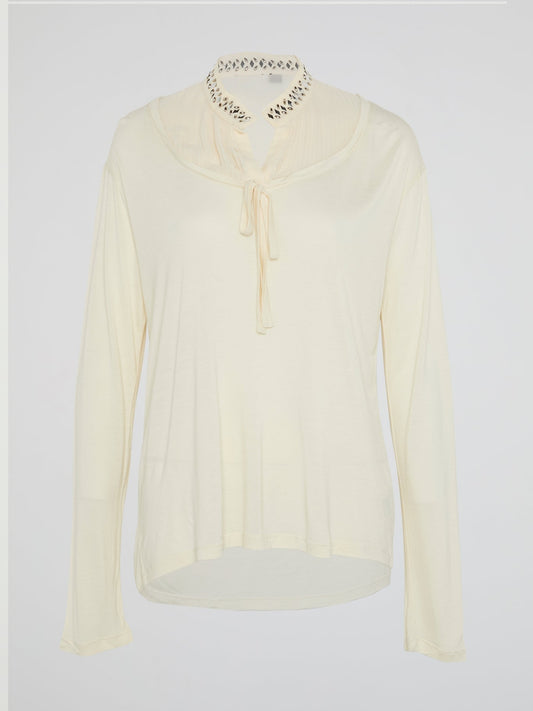 White Studded Collar Long Sleeve Top