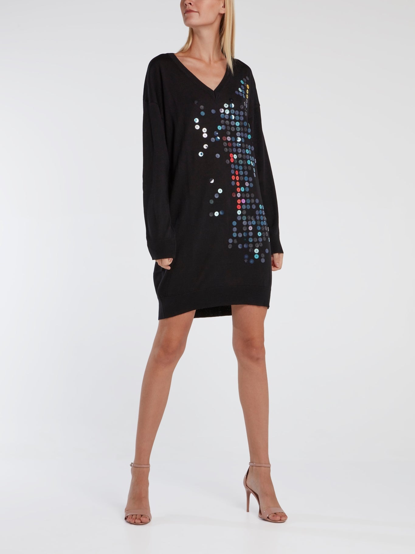 Black Paillette Embellished Sweater Dress