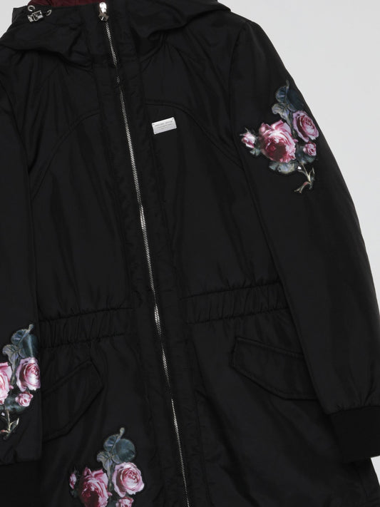 Floral Print Black Long Jacket (Kids)