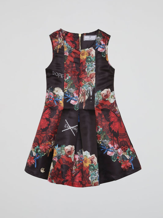 Black Floral Pleated Mini Dress (Kids)