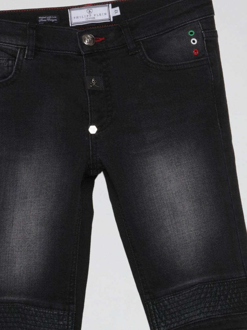 Black Leather Patch Faded Jeans (Teens)