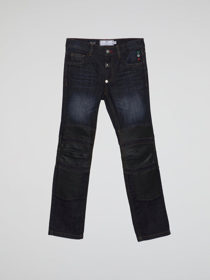 Navy Leather Patch Faded Jeans (Kids)