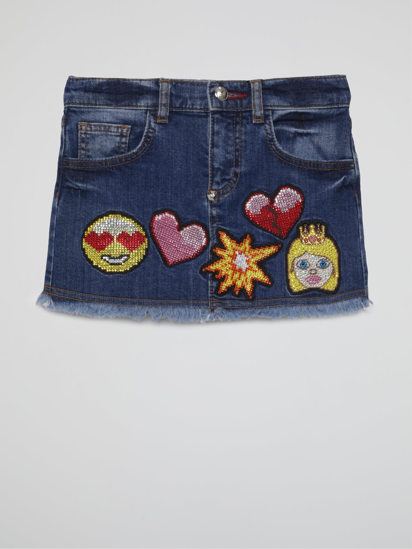 Blue Embroidered Emoji Frayed Denim Skirt (Kids)