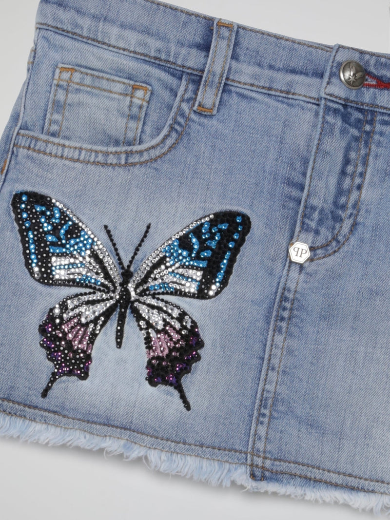 Blue Butterfly Crystals Denim Skirt (Kids)