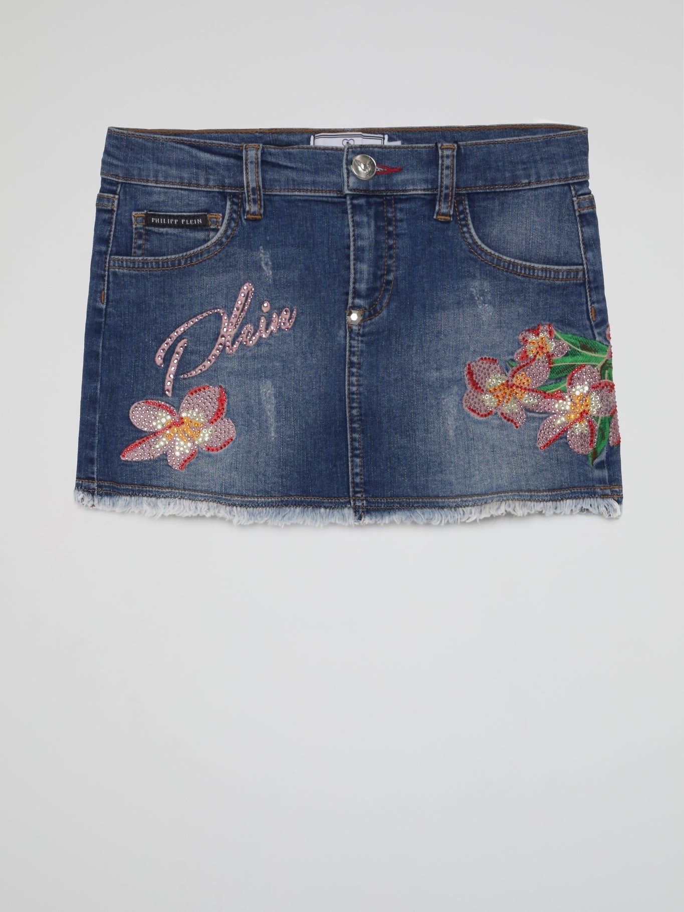 Blue Embroidered Flowers Frayed Denim Skirt (Kids)