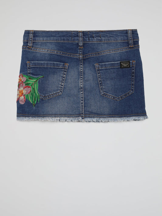 Blue Embroidered Flowers Frayed Denim Skirt (Kids)