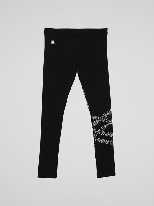 Black Logo Chain Design Sports Leggings (Kids)