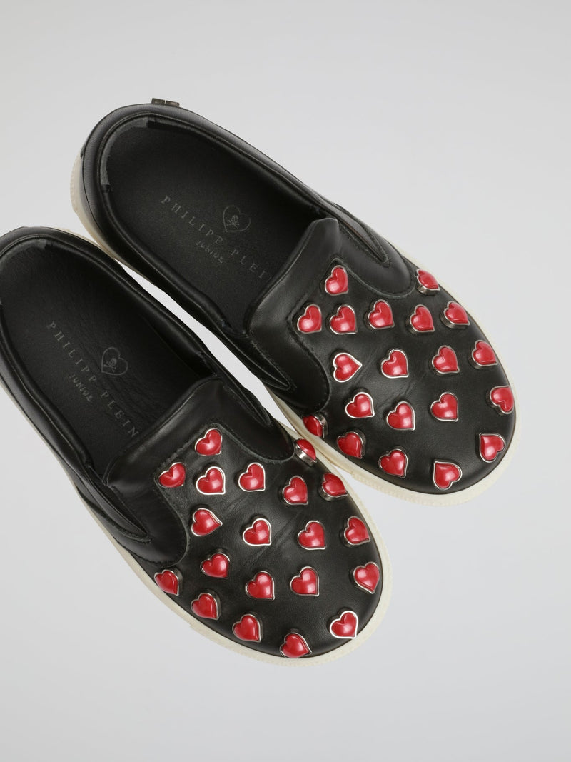 Black Heart Studded Slip On Sneakers (Kids)