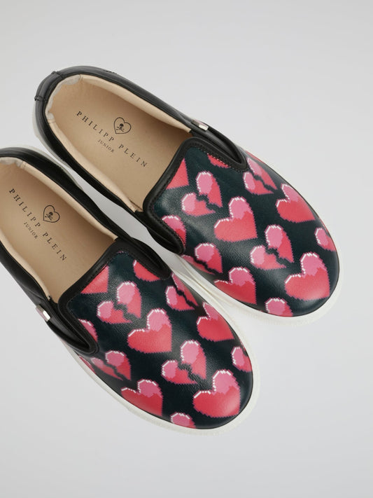 Black Heart Print Slip-On Trainers (Kids)