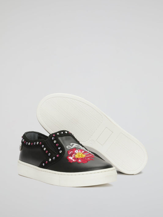 Black Patched Slip-On Sneakers (Kids)