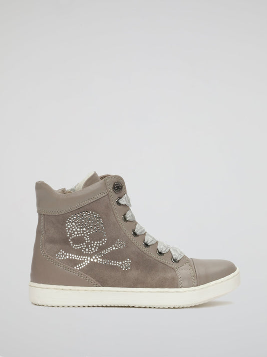Beige Skull Detail Lace Up Boots (Kids)