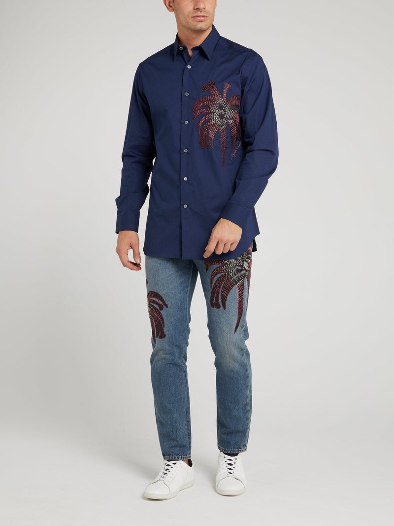 Navy Embroidered Long Sleeve Shirt