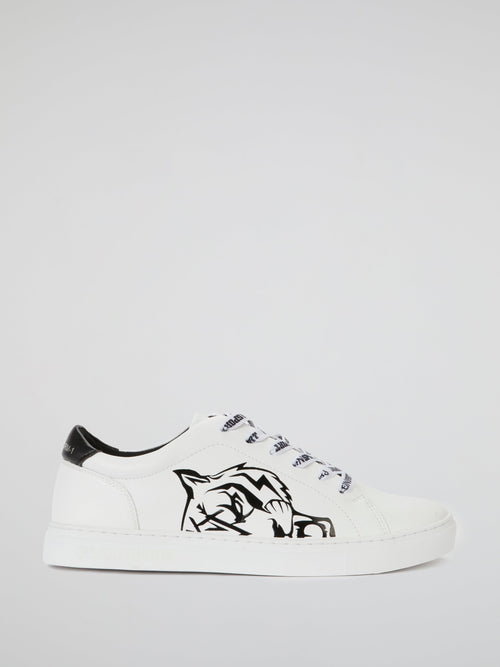 White Tiger Head Print Low Top Sneakers