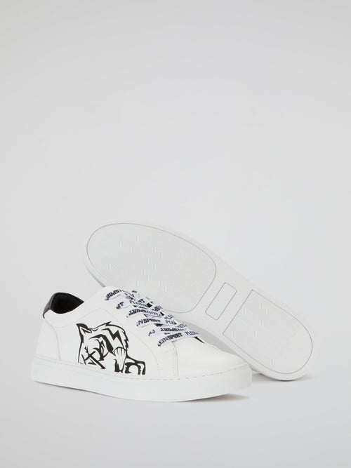 White Tiger Head Print Low Top Sneakers